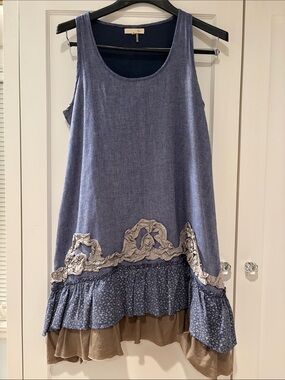 Rye Blue cotton Layered Ruffle Tank Dress Size M